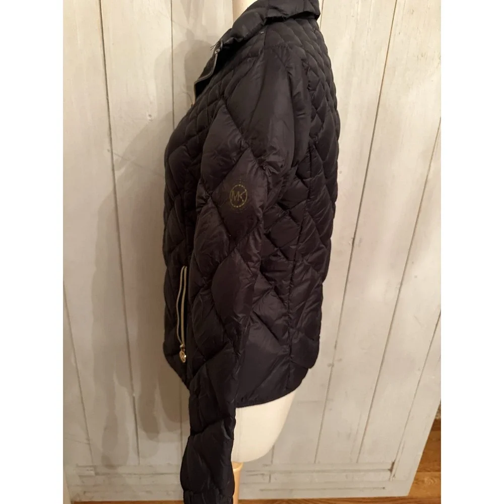Michael Kors Down Fill Quilted Packable Black Full Gold Zip Puffer Coat Jacket S